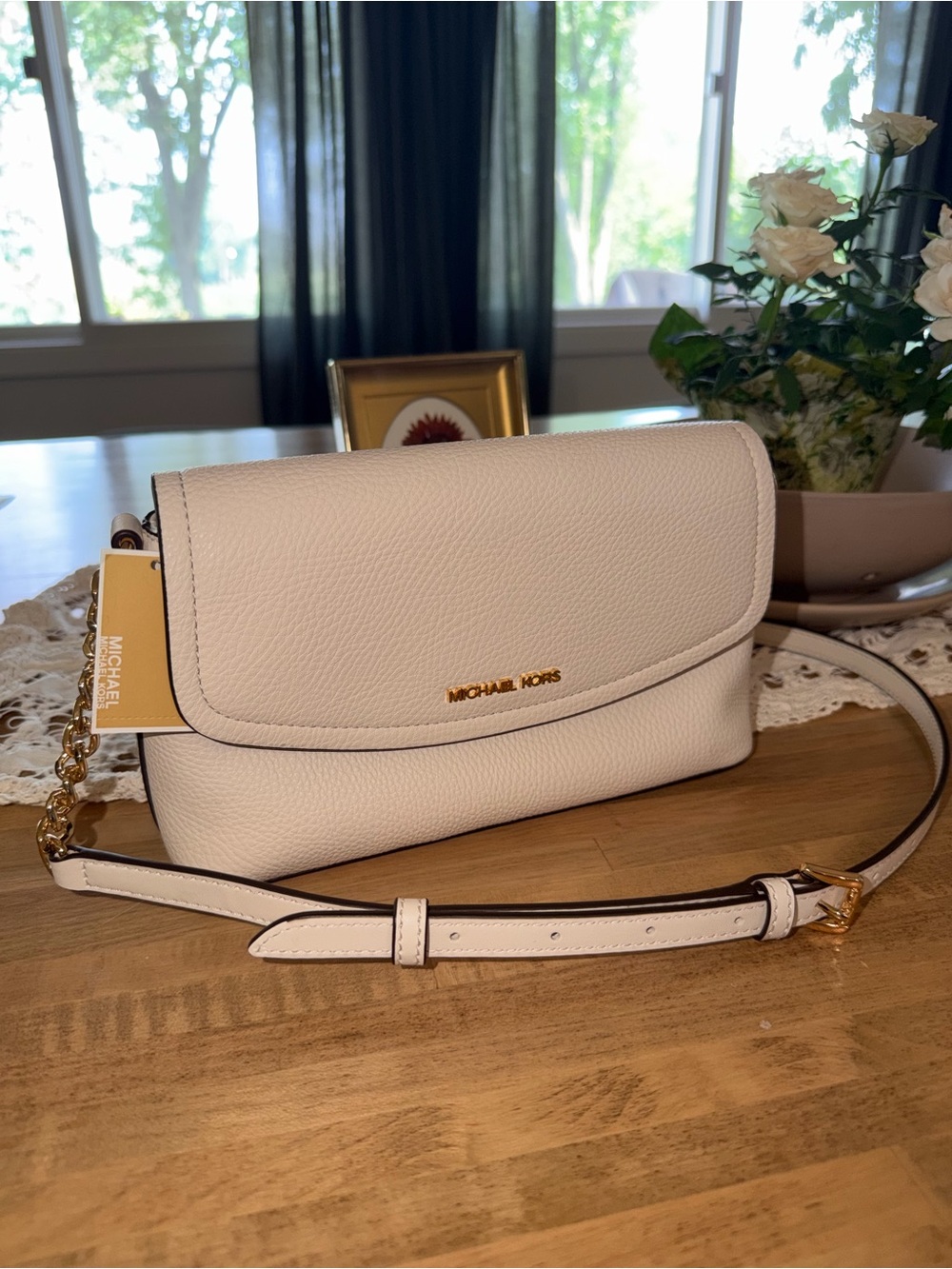 NEW Michael Kors White Pebbled Leather Crossbody Bag